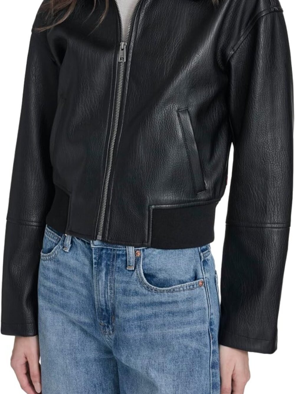Women's Black Faux Leather Laydown Collar Two Hidden-Zipper Bomber Jackets